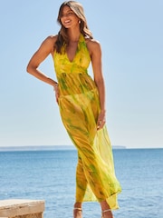 Sosandar Green Feather Print Halter Neck Maxi Beach Dress - Image 3 of 5