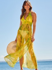 Sosandar Green Feather Print Halter Neck Maxi Beach Dress - Image 4 of 5