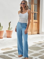 Sosandar Blue Denim Drawstring Wide Leg Trousers With Pocket Detail - Image 1 of 4