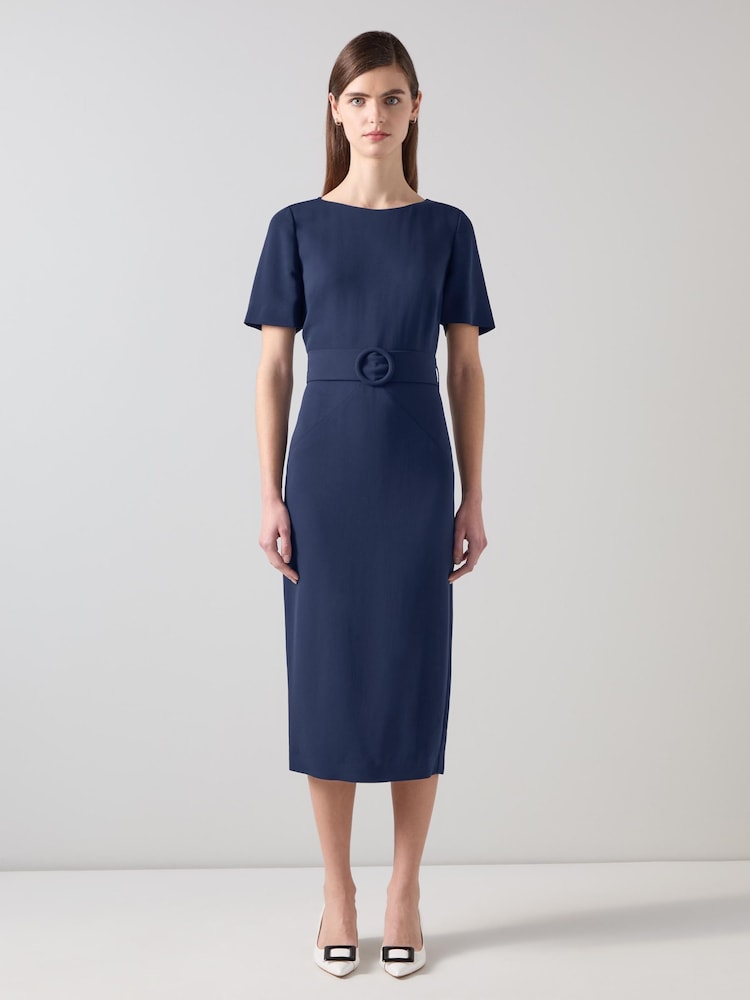 LK Bennett Blue Klaudia Spring Belted Dart Detail Dress - Image 1 of 3