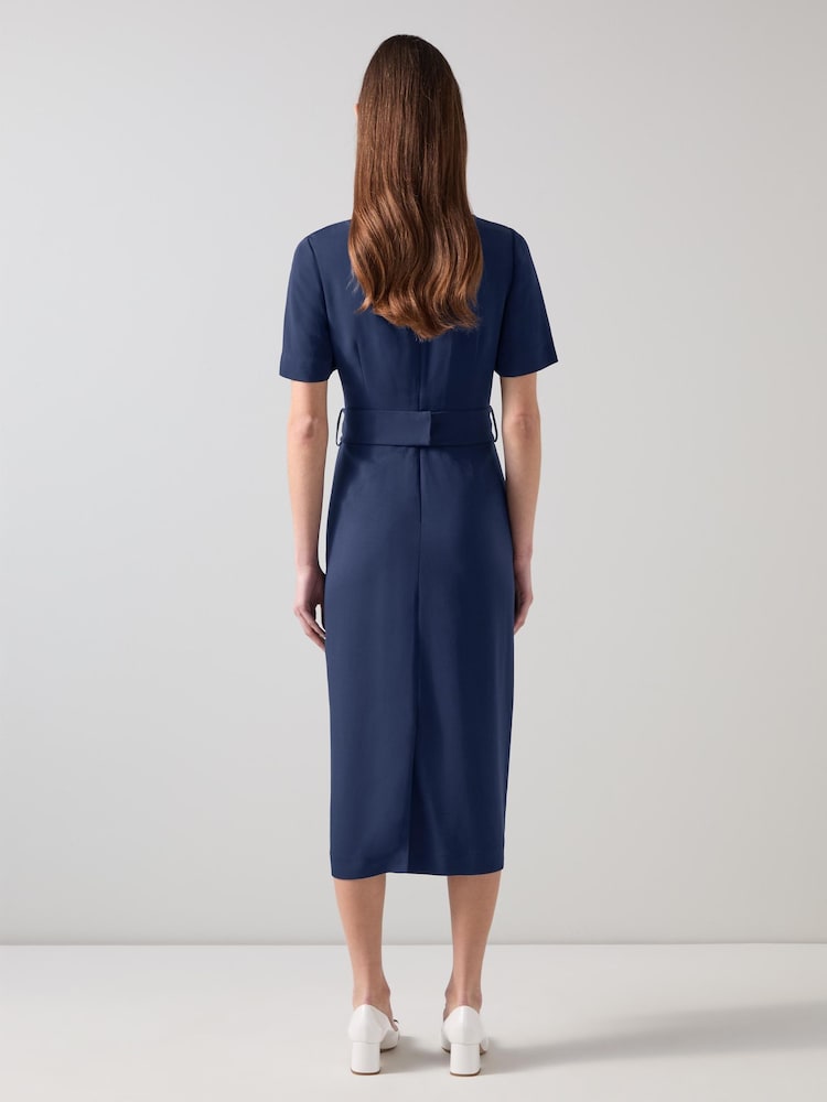 LK Bennett Blue Klaudia Spring Belted Dart Detail Dress - Image 2 of 3