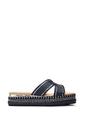 Moda in Pelle Naiah Low Wedge Raffia H-Band Black Sliders - Image 1 of 4