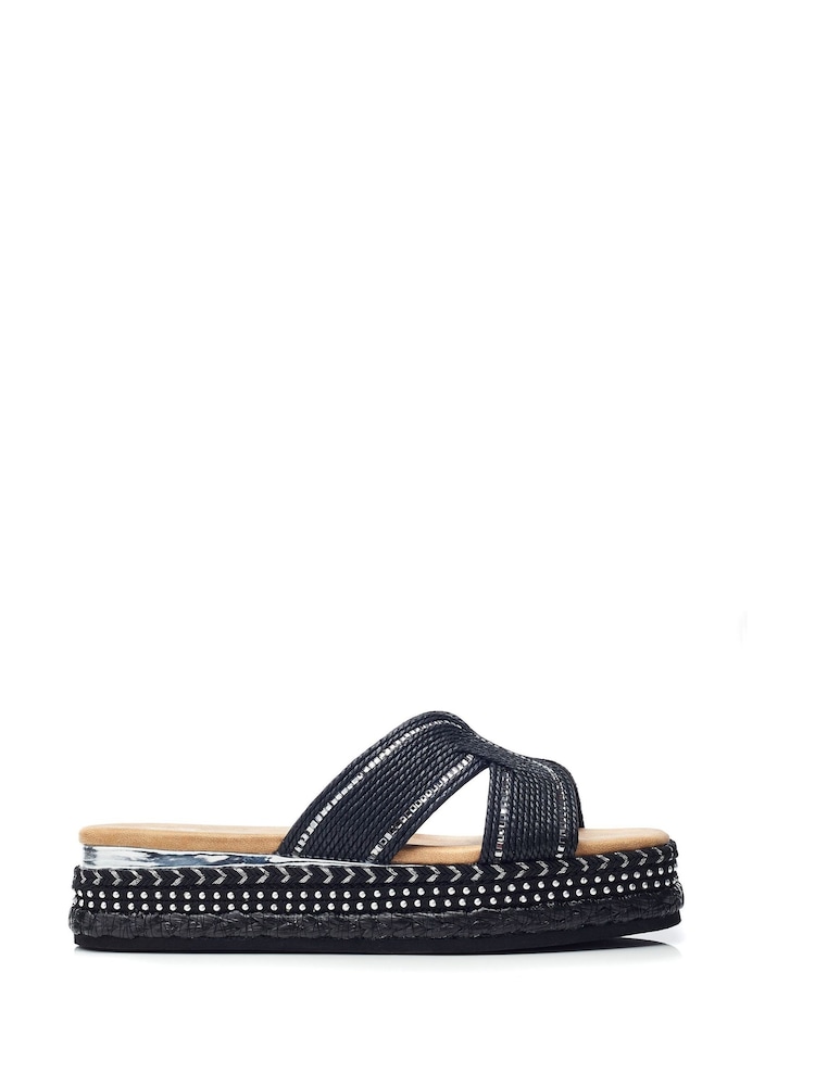 Moda in Pelle Naiah Low Wedge Raffia H-Band Black Sliders - Image 1 of 4