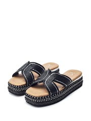 Moda in Pelle Naiah Low Wedge Raffia H-Band Black Sliders - Image 2 of 4