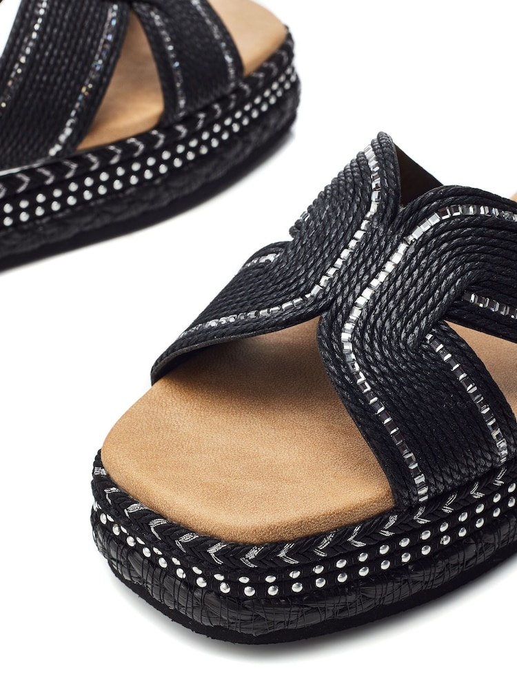 Moda in Pelle Naiah Low Wedge Raffia H-Band Black Sliders - Image 4 of 4
