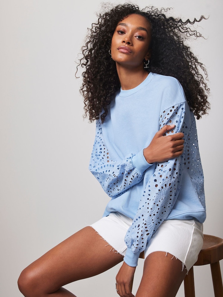 Mint Velvet Blue Broderie Sweatshirt - Image 1 of 7