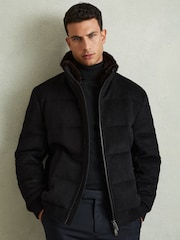 Reiss Navy Melange Farid Quilted Wool Blend Herringbone and Faux Fur Jacket - Image 1 of 6
