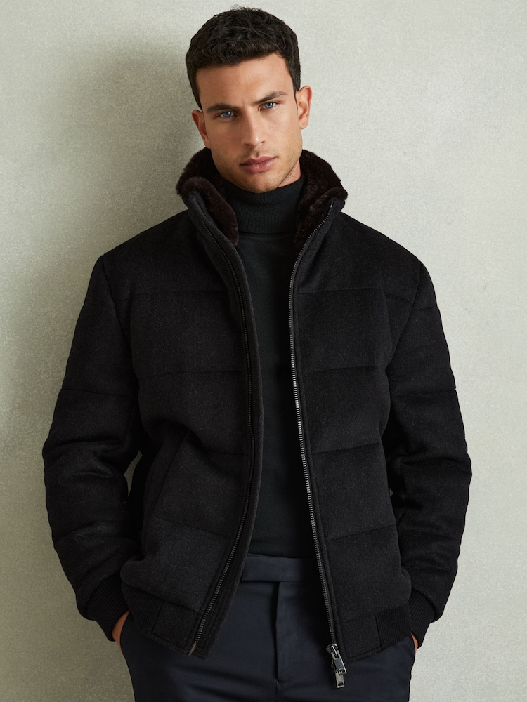 Reiss Navy Melange Farid Quilted Wool Blend Herringbone and Faux Fur Jacket - Image 1 of 6