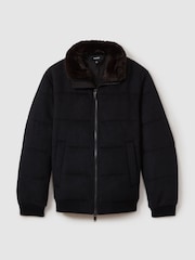Reiss Navy Melange Farid Quilted Wool Blend Herringbone and Faux Fur Jacket - Image 2 of 6