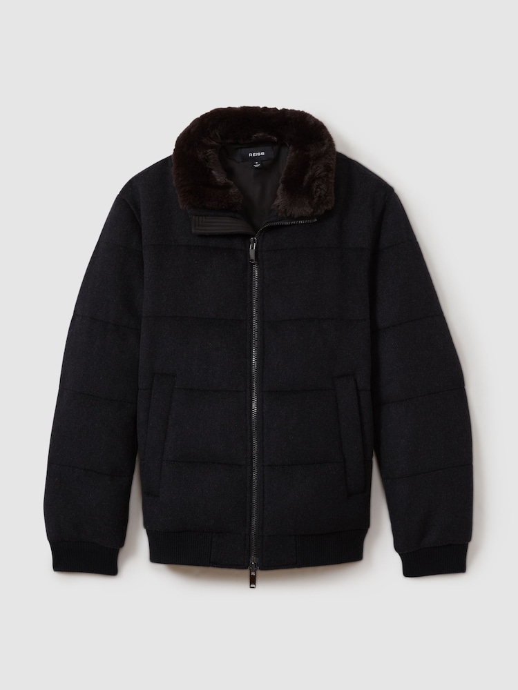 Reiss Navy Melange Farid Quilted Wool Blend Herringbone and Faux Fur Jacket - Image 2 of 6