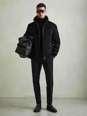 Reiss Navy Melange Farid Quilted Wool Blend Herringbone and Faux Fur Jacket - Image 3 of 6