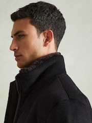 Reiss Navy Melange Farid Quilted Wool Blend Herringbone and Faux Fur Jacket - Image 4 of 6
