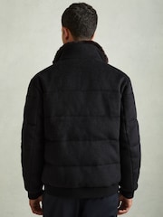Reiss Navy Melange Farid Quilted Wool Blend Herringbone and Faux Fur Jacket - Image 5 of 6