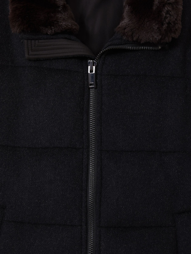 Reiss Navy Melange Farid Quilted Wool Blend Herringbone and Faux Fur Jacket - Image 6 of 6