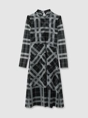 Reiss Black/Ecru Sophia 9-13 yrs Checked Tiered Midi Dress - Image 1 of 2