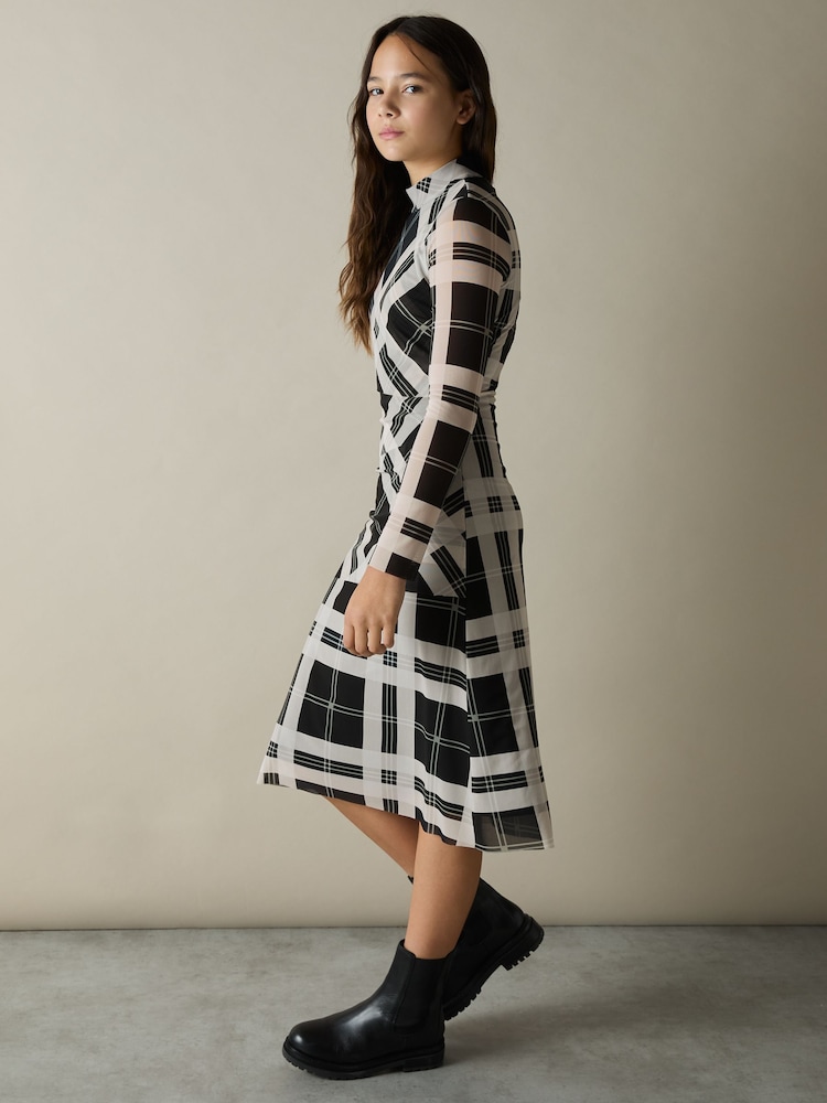Reiss Black/Ecru Sophia 13-14 yrs Checked Tiered Midi Dress - Image 1 of 4