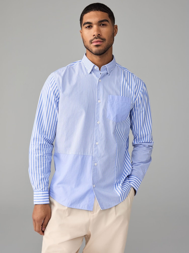 Blue 100% Cotton Long Sleeve Stripe Poplin Oxford Shirt - Image 1 of 7 Blue 100% Cotton Long Sleeve Stripe Poplin Oxford Shirt - Image 1 of 7