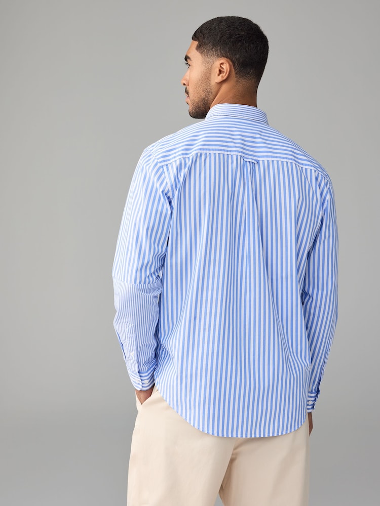 Blue 100% Cotton Long Sleeve Stripe Poplin Oxford Shirt - Image 2 of 7 Blue 100% Cotton Long Sleeve Stripe Poplin Oxford Shirt - Image 2 of 7