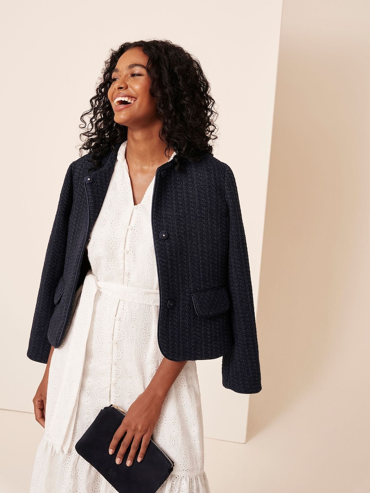 Crew Clothing Blue Textured Collarless Jacket - Image 1 of 6