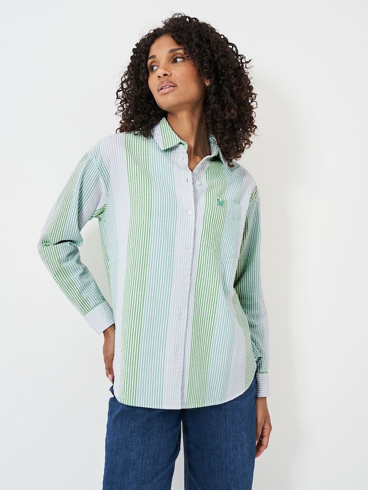 Crew Clothing Green Seersucker Relaxed 100% Cotton Striped Shirt - Image 1 of 4