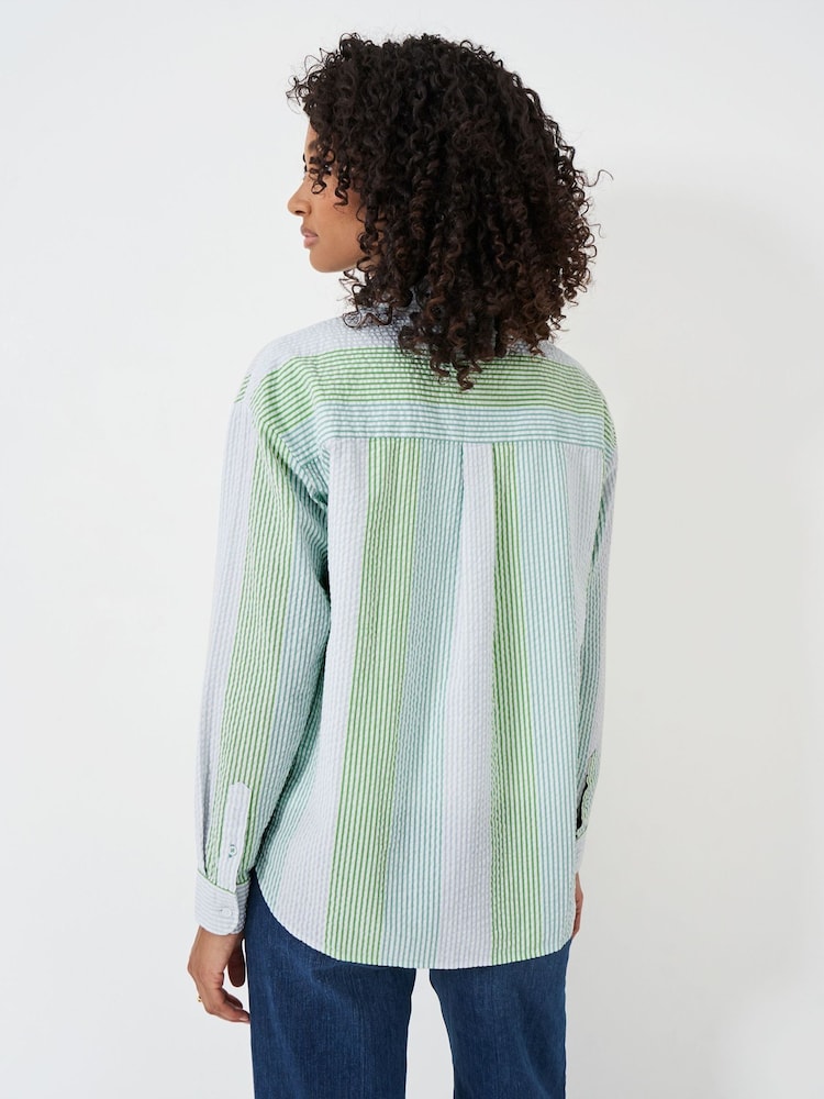 Crew Clothing Green Seersucker Relaxed 100% Cotton Striped Shirt - Image 2 of 4