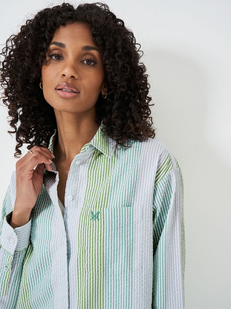Crew Clothing Green Seersucker Relaxed 100% Cotton Striped Shirt - Image 4 of 4