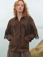 Chocolate Brown Faux Suede Fringed Jacket - Image 1 of 5