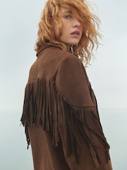 Chocolate Brown Faux Suede Fringed Jacket - Image 4 of 5