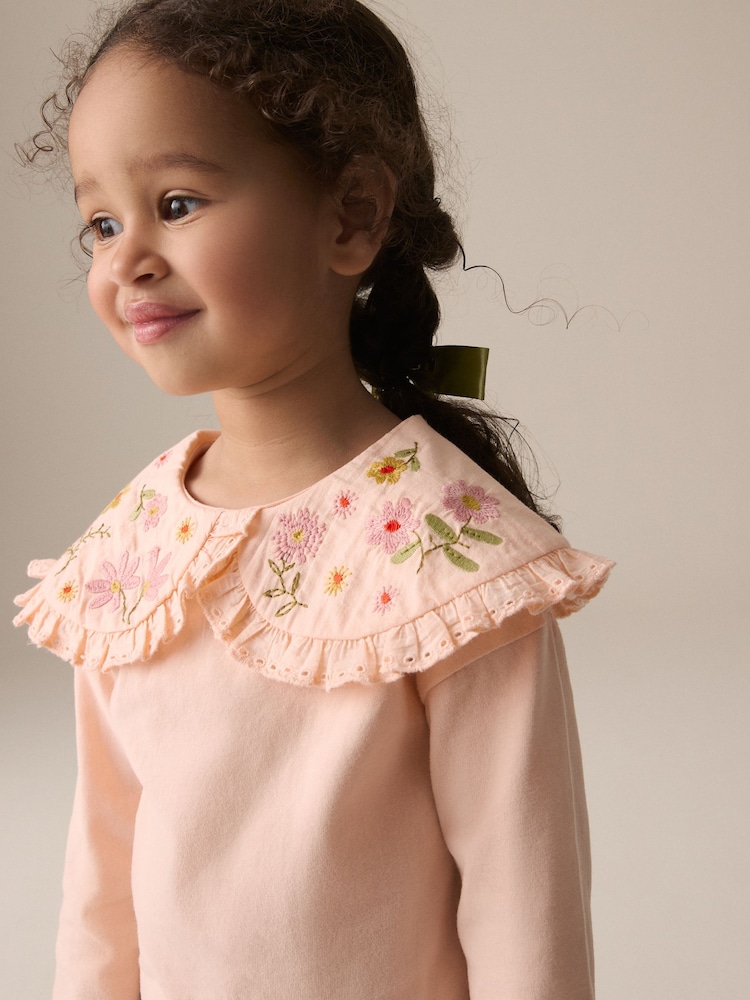 Coral Pink Flower Embroidery Long Sleeve Collar Top (3mths-7yrs) - Image 2 of 7
