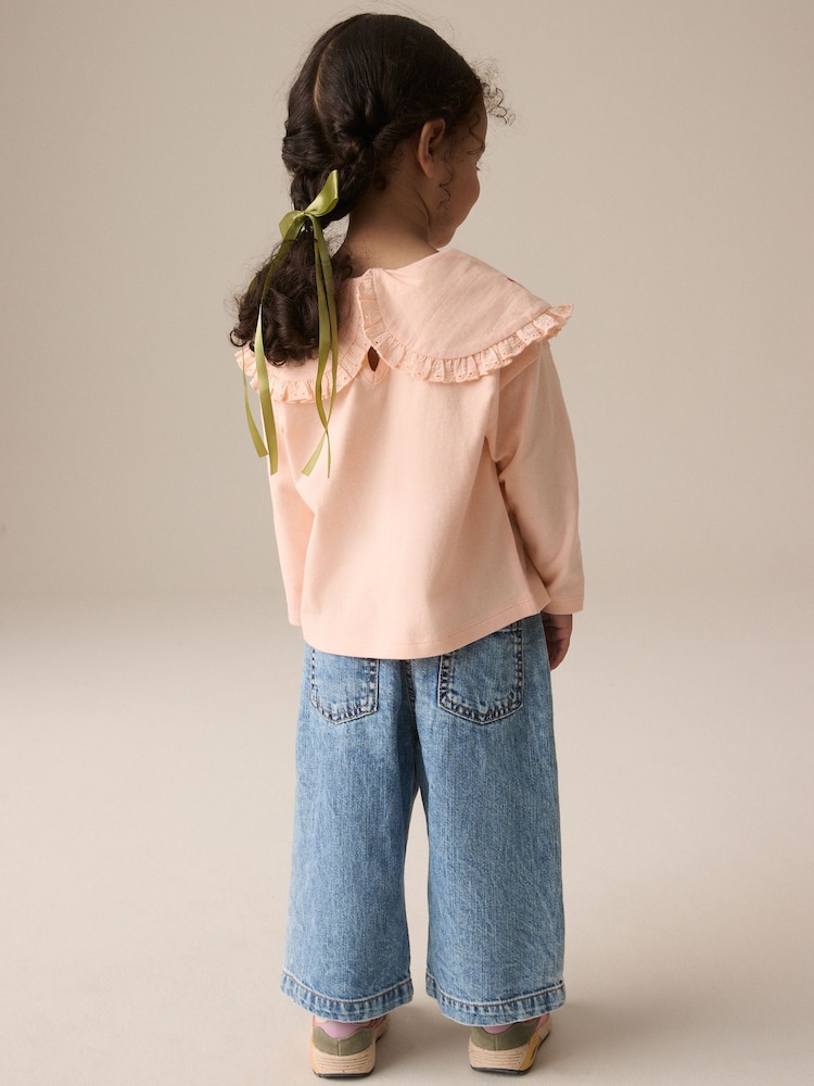 Coral Pink Flower Embroidery Long Sleeve Collar Top (3mths-7yrs) - Image 3 of 7