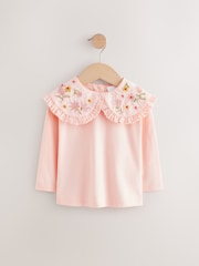 Coral Pink Flower Embroidery Long Sleeve Collar Top (3mths-7yrs) - Image 4 of 7