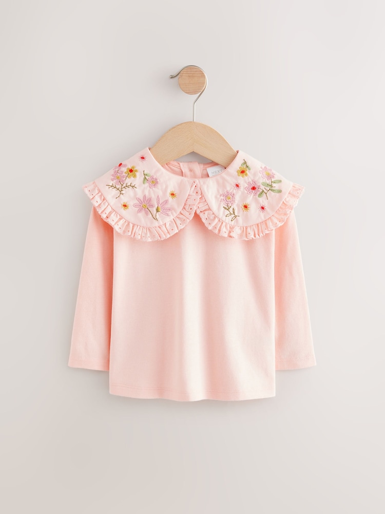 Coral Pink Flower Embroidery Long Sleeve Collar Top (3mths-7yrs) - Image 4 of 7