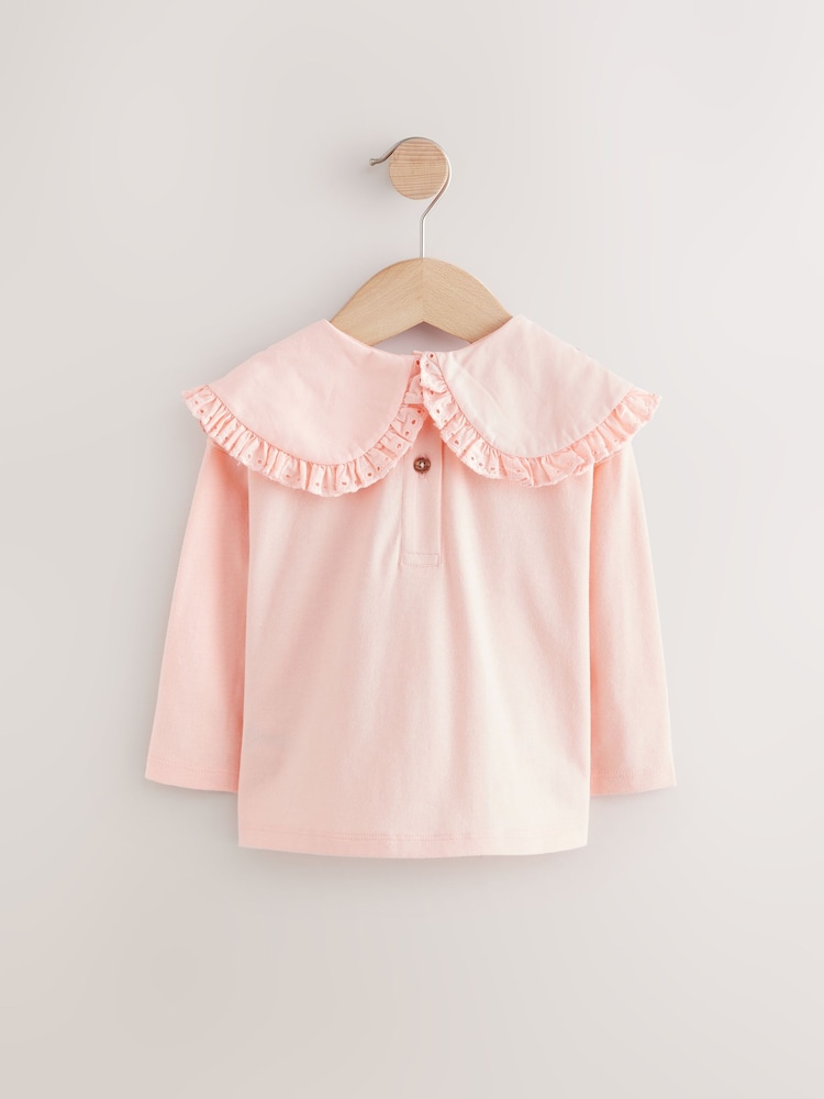 Coral Pink Flower Embroidery Long Sleeve Collar Top (3mths-7yrs) - Image 5 of 7