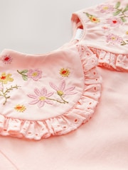Coral Pink Flower Embroidery Long Sleeve Collar Top (3mths-7yrs) - Image 6 of 7