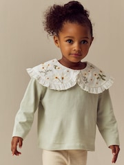 Green Flower Embroidery Long Sleeve Collar Top (3mths-7yrs) - Image 1 of 8