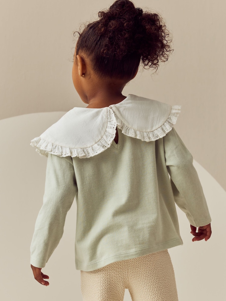 Green Flower Embroidery Long Sleeve Collar Top (3mths-7yrs) - Image 3 of 8