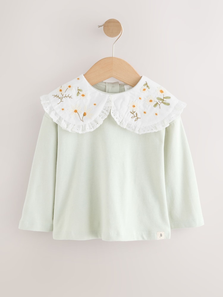Green Flower Embroidery Long Sleeve Collar Top (3mths-7yrs) - Image 5 of 8
