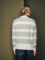 Ecru White/Sage Green Regular Fit Stripe Textured Crew Jumper - Image 2 of 6
