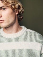 Ecru White/Sage Green Regular Fit Stripe Textured Crew Jumper - Image 3 of 6