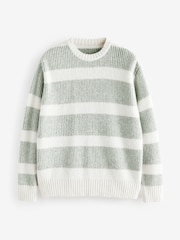 Ecru White/Sage Green Regular Fit Stripe Textured Crew Jumper - Image 4 of 6