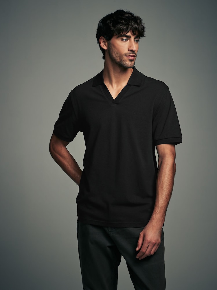 Black - Short Sleeve Cuban Collar Pique Polo Shirt - Image 1 of 8 Black - Short Sleeve Cuban Collar Pique Polo Shirt - Image 1 of 8