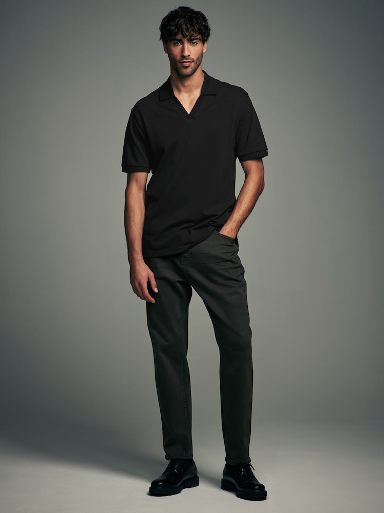 Black - Short Sleeve Cuban Collar Pique Polo Shirt - Image 2 of 8 Black - Short Sleeve Cuban Collar Pique Polo Shirt - Image 2 of 8