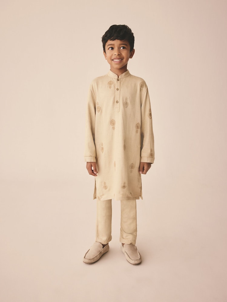 Neutral Leaf Embroidered Eid Kurta (3mths-16yrs) - Image 1 of 8