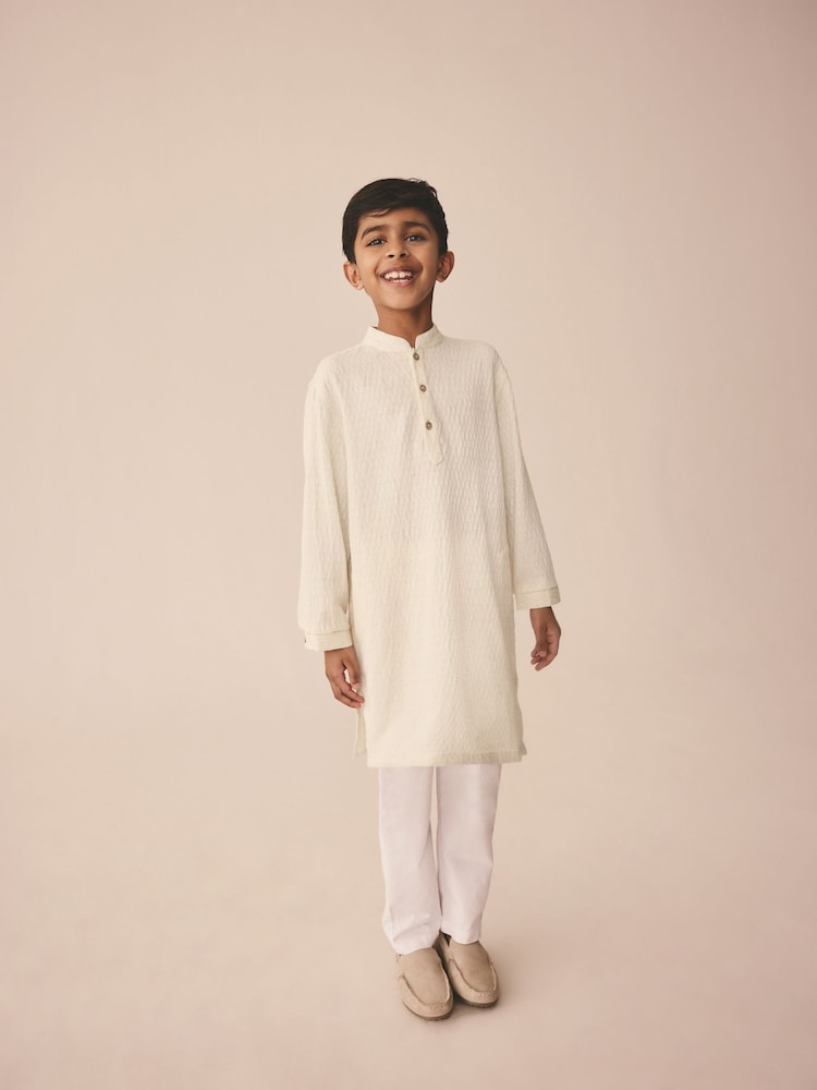 بيج فاتح - جاكارد بملمس بارز - رداء Kurta للعيد (3 شهور-16 سنة) - صورة 2 من 9