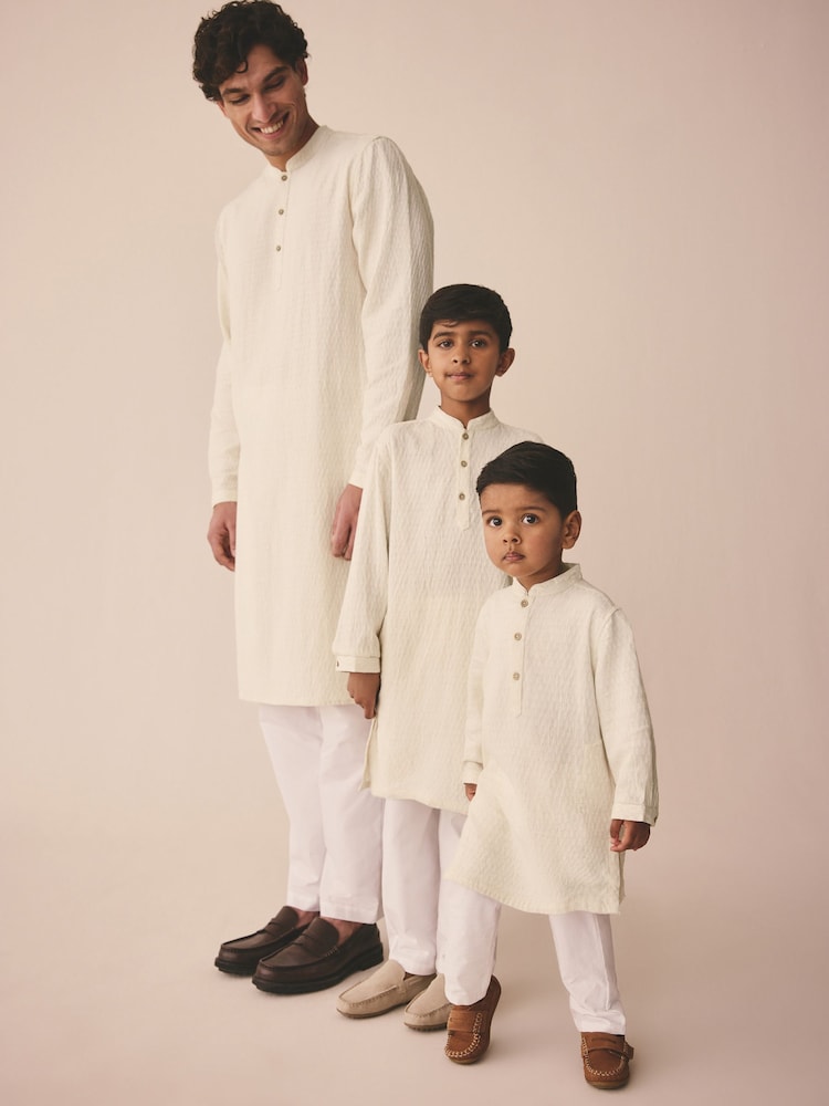 بيج فاتح - جاكارد بملمس بارز - رداء Kurta للعيد (3 شهور-16 سنة) - Image 5 of 9