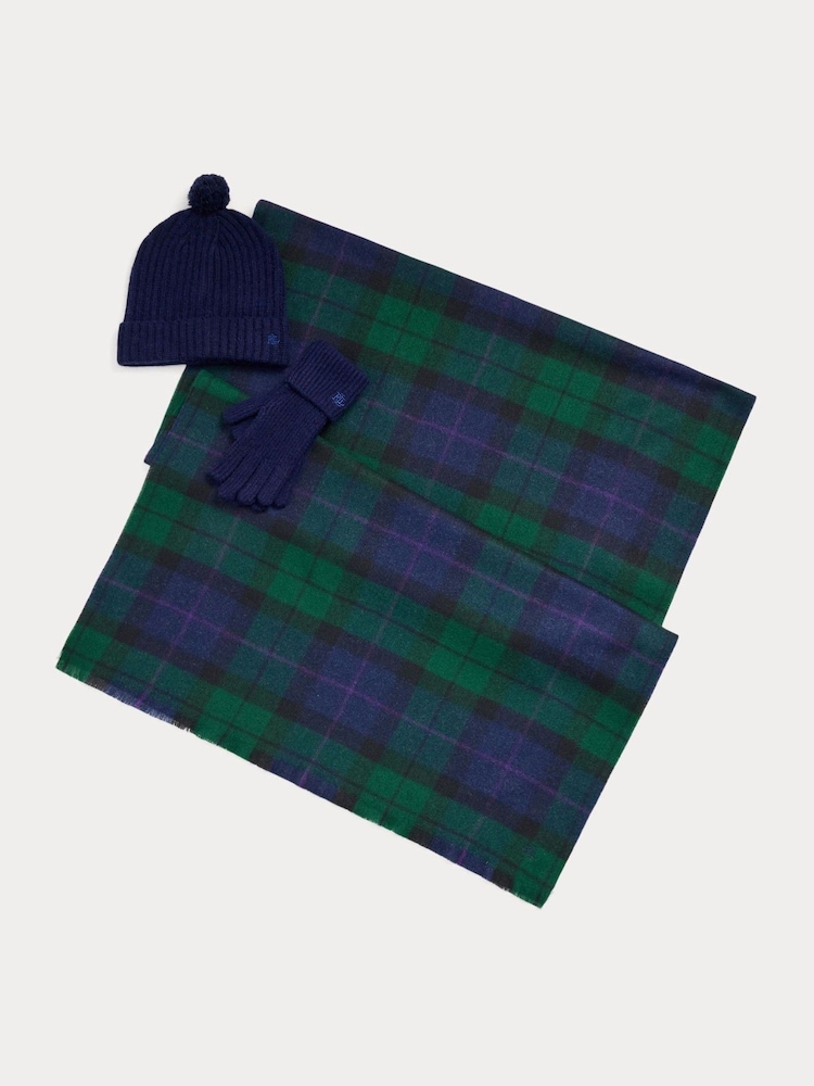Zielony - 3-częściowy zestaw podarunkowy: czapka, szalik i rękawiczki Lauren Ralph Lauren w kratkę - Obraz 1 z 3