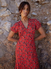Ro&Zo Red Blurred Floral Print Puff Sleeve Midi Dress - Image 1 of 5