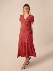 Ro&Zo Red Blurred Floral Print Puff Sleeve Midi Dress - Image 3 of 5