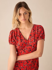 Ro&Zo Red Blurred Floral Print Puff Sleeve Midi Dress - Image 4 of 5