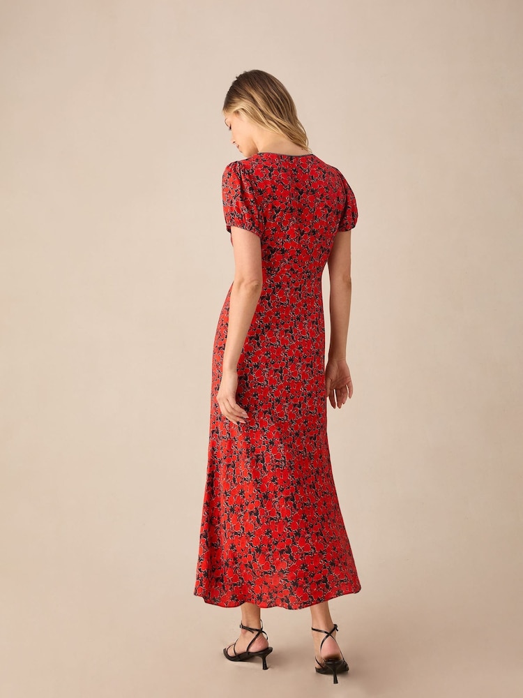 Ro&Zo Red Blurred Floral Print Puff Sleeve Midi Dress - Image 5 of 5 Ro&Zo Red Blurred Floral Print Puff Sleeve Midi Dress - Image 5 of 5